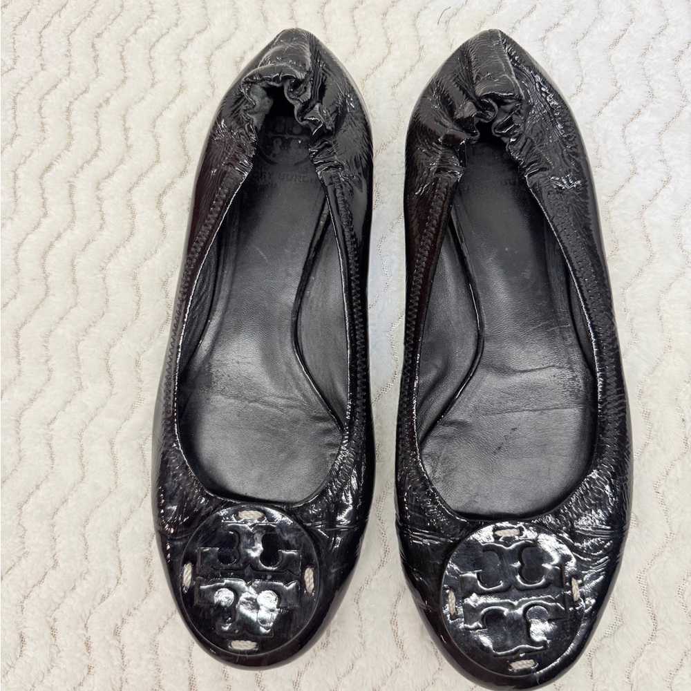 Tory Burch Reva Black Patent Leather Ballet Flats Round Toe Pull On Shoes Sz 9M